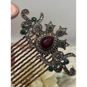 Vintage Style Victorian Ruby Emerald Rhinestone Hair Comb Gold Medieval 3 inch l